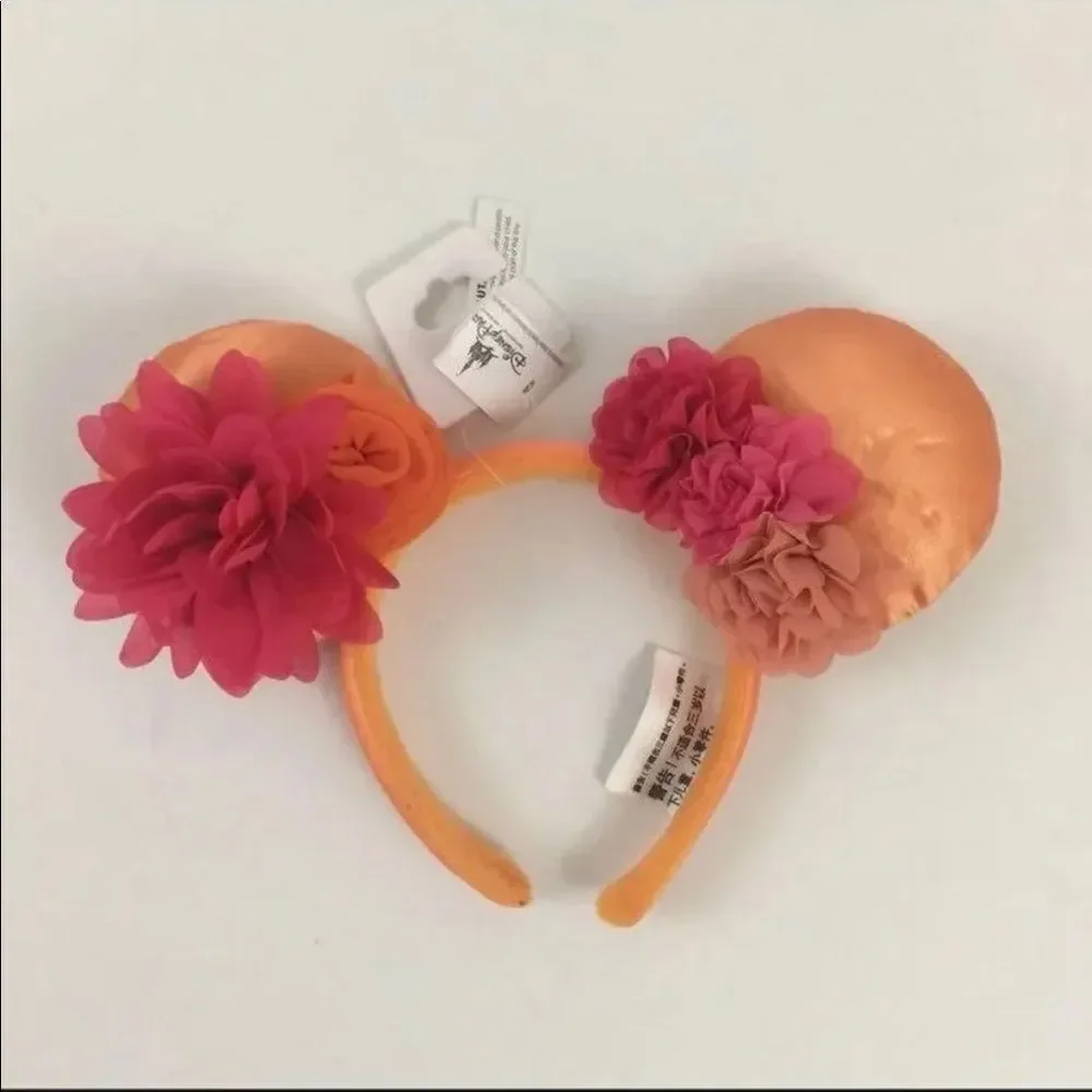 Disney Parks Flower & Garden Minnie Ear Headband Orange Pink Ruffle New